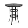 A 36-inch round bar table with a Starlight Black aluminum frame, double-ring leg reinforcement, and a slotted slat-style aluminum top with a central umbrella hole.