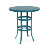 A 36-inch round commercial-grade bar-height outdoor table featuring a Mayan Teal powder-coated aluminum frame, dual circular leg bracing rings with an umbrella holder ring, flared base feet, and a perforated bubble-patterned top with an umbrella hole.