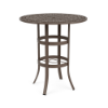 A round commercial bar-height patio table featuring a Textured Espresso aluminum base, two structural circular rings, and an aluminum tabletop with a woven basketweave pattern and umbrella hole.