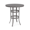 A 36-inch round outdoor bar table designed with a Titanium Gray powder-coated aluminum frame, dual support rings, and a grid-perforated cube tabletop with a center umbrella hole.