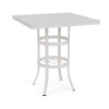 A tall square commercial outdoor bar table constructed with a Sky White powder-coated aluminum base, double circular support rings, and a smooth solid square tabletop featuring an umbrella opening.