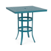 A 36-inch square commercial bar-height outdoor table featuring a Mayan Teal powder-coated aluminum frame, dual circular leg bracing rings with an umbrella holder ring, flared feet, and a perforated bubble-patterned square top with an umbrella hole.