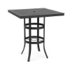 A 36-inch square bar table with a Starlight Black powder-coated aluminum frame, double-ring leg reinforcement, and a slotted slat-style square aluminum top with a central umbrella hole.