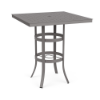 A 36-inch square outdoor bar table designed with a Titanium Gray powder-coated aluminum frame, dual support rings, and a grid-perforated cube square tabletop with a center umbrella hole.