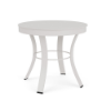 A round 20-inch outdoor commercial side table crafted with a Sky White powder-coated aluminum frame, curved support legs with a mid-height ring, and a smooth solid aluminum tabletop.