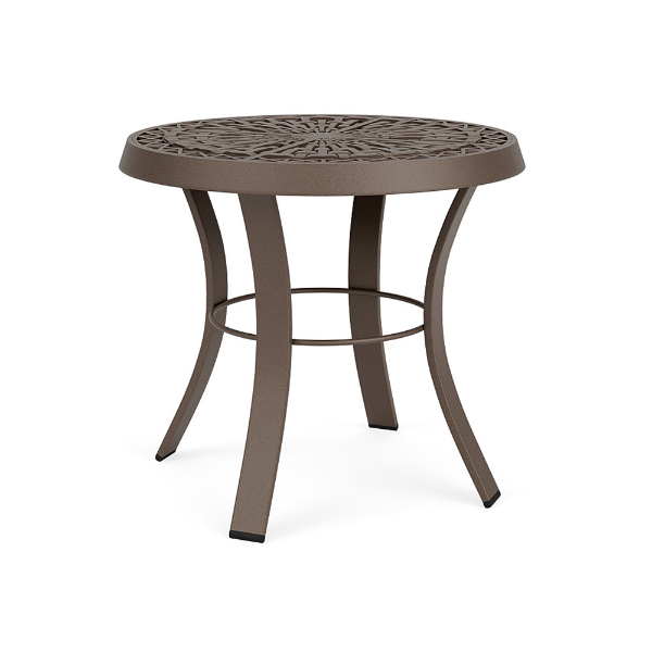 A 20-inch round commercial outdoor side table with a Textured Espresso powder-coated aluminum frame, flared legs, a circular support ring, and an aluminum top featuring an intricate woven web-style pattern.