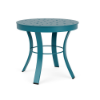 A round 20-inch aluminum outdoor side table in a Mayan Blue powder-coated finish, featuring flared legs, a central support ring, and a perforated bubble pattern tabletop.