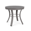 A 20-inch round patio side table featuring a Titanium Gray powder-coated aluminum frame, curved legs braced with a center ring, and a square-perforated cube-style aluminum top.