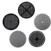 A product swatch layout featuring five round aluminum side table top designs: slotted slat style, grid-patterned cube style, scattered bubble perforations, a smooth solid design, and a decorative circular woven pattern.
