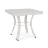 A square 20-inch outdoor side table crafted with a Sky White powder-coated aluminum base, curved legs reinforced with a central ring, and a smooth solid square aluminum top.