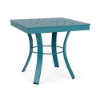 A 20-inch square commercial outdoor side table featuring a Mayan Teal powder-coated aluminum frame, flared support legs with a circular stability ring, and a perforated bubble-patterned square tabletop.