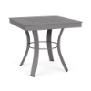 A 20-inch square commercial patio side table with a Titanium Gray powder-coated aluminum frame, curved legs braced by a middle ring, and a grid-perforated cube square top.