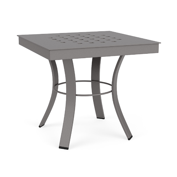 A 20-inch square commercial patio side table with a Titanium Gray powder-coated aluminum frame, curved legs braced by a middle ring, and a grid-perforated cube square top.