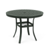 A 36-inch round outdoor commercial dining table with a Hunter Green powder-coated aluminum frame, featuring four flared legs, a built-in umbrella ring brace, and a square-perforated cube-pattern tabletop with a center umbrella hole.