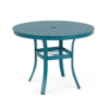 A 36-inch round commercial outdoor dining table featuring a Metallica Lagoon blue-teal powder-coated aluminum base, flared support legs with a middle umbrella brace, and a perforated bubble pattern top with a center umbrella hole.