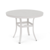 A 36-inch round outdoor commercial dining table crafted with a Sky White powder-coated aluminum frame, curved legs braced by a central umbrella ring, and a smooth solid aluminum top with a center umbrella hole.