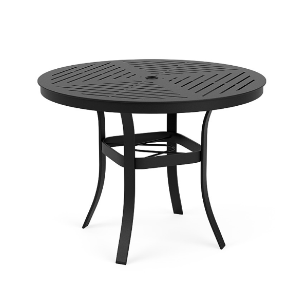A 36-inch round commercial outdoor dining table in a Starlight Black powder-coated finish, featuring four curved legs, a lower umbrella ring brace, and a slatted slotted tabletop with a central umbrella hole.