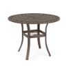 A 36-inch round outdoor dining table featuring a Textured Espresso powder-coated aluminum frame, flared legs reinforced with an umbrella support brace, and a webbed circular woven top design with a center umbrella opening.