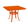 A 36-inch square aluminum outdoor dining table in a bright Orange powder-coated finish, built with curved legs, a lower umbrella ring brace, and a smooth solid square top with a center umbrella opening.