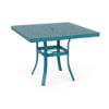 A 36-inch square commercial outdoor dining table featuring a Metallica Lagoon blue-teal powder-coated aluminum frame, flared legs reinforced with a square umbrella support brace, and a perforated bubble-pattern square tabletop with a central umbrella hole.