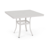 A 36-inch square commercial outdoor dining table crafted with a Sky White powder-coated aluminum frame, four curved support legs, an umbrella support ring brace, and a smooth solid tabletop featuring a center umbrella hole.