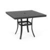 A 36-inch square outdoor dining table in a Starlight Black powder-coated aluminum finish, featuring flared legs, an umbrella ring brace, and a perforated bubble pattern tabletop with an umbrella opening.