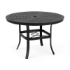 A 42-inch round commercial outdoor dining table featuring a Starlight Black powder-coated aluminum frame, curved support legs braced by an umbrella ring, and a slatted tabletop with a central umbrella hole.