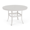 A 42-inch round commercial outdoor dining table in a Sky White powder-coated aluminum finish, featuring outward-curving legs, an umbrella support ring brace, and a smooth solid tabletop with a center umbrella hole.