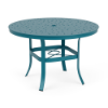 A 42-inch round commercial patio dining table with a Metallica Lagoon blue-teal powder-coated aluminum base, four flared legs, a lower umbrella brace, and a perforated bubble pattern tabletop with an umbrella opening.