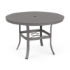 A 42-inch round commercial outdoor dining table crafted with a Titanium Gray powder-coated aluminum frame, four curved legs, an umbrella ring brace, and a grid-perforated cube-style top with an umbrella opening.