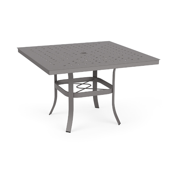 A 42-inch square commercial outdoor dining table with a Titanium Gray powder-coated aluminum base, curved legs connected by an umbrella ring brace, and a grid-perforated cube-style tabletop with a central umbrella hole.