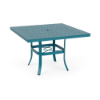 A 42-inch square commercial outdoor dining table featuring a Metallica Lagoon blue-teal powder-coated aluminum frame, four curved legs reinforced with an umbrella ring brace, and a perforated bubble pattern tabletop with a central umbrella hole.