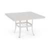 A 42-inch square commercial patio dining table in a Sky White powder-coated aluminum finish, supported by outward-curving legs and an umbrella support ring brace, with a smooth solid square tabletop featuring a center umbrella opening.