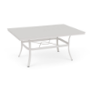 A 42x60-inch rectangular outdoor dining table crafted with a Sky White powder-coated aluminum frame, curved legs, a lower umbrella ring brace, and a smooth solid rectangular tabletop with a center umbrella opening.