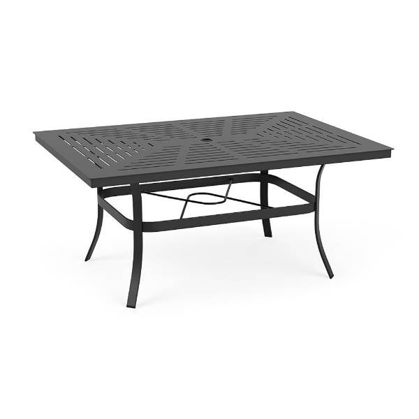 A 42x60-inch rectangular commercial patio dining table in a Starlight Black powder-coated aluminum finish, featuring flared legs, an umbrella ring brace, and a slatted geometric tabletop with a center umbrella opening.