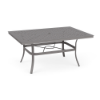 A 42x60-inch rectangular commercial outdoor dining table with a Titanium Gray powder-coated aluminum base, four curved legs connected by an umbrella brace, and a grid-perforated cube-style tabletop with an umbrella opening.