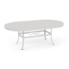 An oval 42x76-inch commercial patio dining table with a Sky White powder-coated aluminum finish, supported by outward-curving legs and an umbrella brace, with a smooth solid oval tabletop featuring a center umbrella opening.