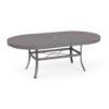 An oval 42x76-inch commercial outdoor dining table featuring a Titanium Gray powder-coated aluminum frame, four curved legs connected by an umbrella brace, and a grid-perforated cube-style tabletop with an umbrella opening.