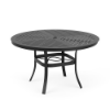 A 48-inch round commercial outdoor dining table in a Starlight Black powder-coated aluminum finish, supported by curved legs with an umbrella brace, and a slatted tabletop design with a central umbrella hole.