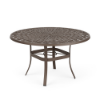 A 48-inch round commercial outdoor dining table with a Textured Espresso bronze-brown powder-coated finish, featuring flared legs, an umbrella brace, and a detailed cast aluminum woven lattice top with a central umbrella hole.
