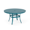 A 48-inch round commercial outdoor dining table featuring a Metallica Lagoon blue-teal powder-coated aluminum frame, curved legs, a central umbrella ring brace, and a perforated bubble pattern top with an umbrella hole in the center.