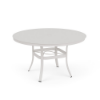 A 48-inch round commercial outdoor dining table with a Sky White powder-coated aluminum finish, four flared legs connected by an umbrella brace, and a smooth solid tabletop with a central umbrella hole.