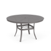 A 48-inch round commercial patio table featuring a Titanium Gray powder-coated aluminum frame, curved legs, an umbrella ring brace, and a square-grid perforated cube-style tabletop with a center umbrella opening.