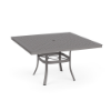 A 48-inch square commercial patio dining table with a Titanium Gray powder-coated aluminum finish, curved legs with an umbrella ring brace, and a square-grid perforated cube-style tabletop with a central umbrella hole.