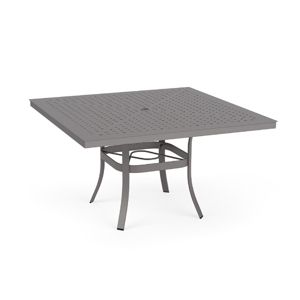 A 48-inch square commercial patio dining table with a Titanium Gray powder-coated aluminum finish, curved legs with an umbrella ring brace, and a square-grid perforated cube-style tabletop with a central umbrella hole.