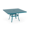 A 48-inch square commercial outdoor dining table featuring a Metallica Lagoon blue-teal powder-coated aluminum frame, four curved legs connected by a central umbrella brace, and a perforated bubble pattern tabletop with a center umbrella hole.