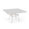 A 48-inch square commercial outdoor dining table with a Sky White powder-coated aluminum finish, outward-curving legs with a lower umbrella support ring, and a smooth solid tabletop with an umbrella opening in the center.