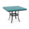 A 36-inch square commercial outdoor dining table featuring a Starlight Black powder-coated aluminum base with curved legs and an umbrella ring brace, paired with an Aruba teal Marine Grade Polymer (MGP) slatted top with a central umbrella hole.