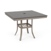 A 36-inch square commercial outdoor dining table featuring a Satin Amber warm gray-beige powder-coated aluminum frame and a slate grey Marine Grade Polymer (MGP) slatted tabletop with an umbrella opening in the center.