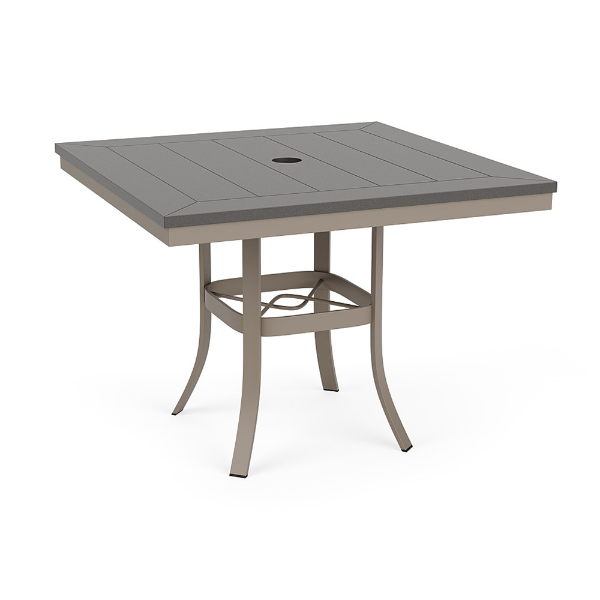 A 36-inch square commercial outdoor dining table featuring a Satin Amber warm gray-beige powder-coated aluminum frame and a slate grey Marine Grade Polymer (MGP) slatted tabletop with an umbrella opening in the center.